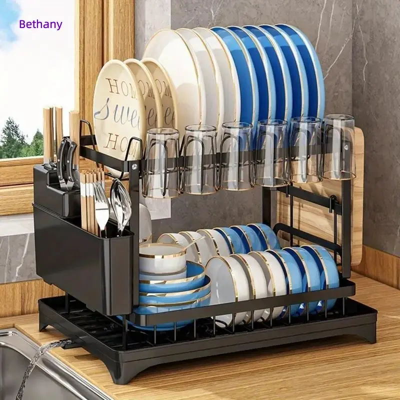 2-tier Dish Drying Rack, 1 Count Large Capacity Countertop Dish Storage Rack With Utensil Holder, Cutlery Rack With Drainboard, Kitchen Utensil Organizer, Kitchen Accessories