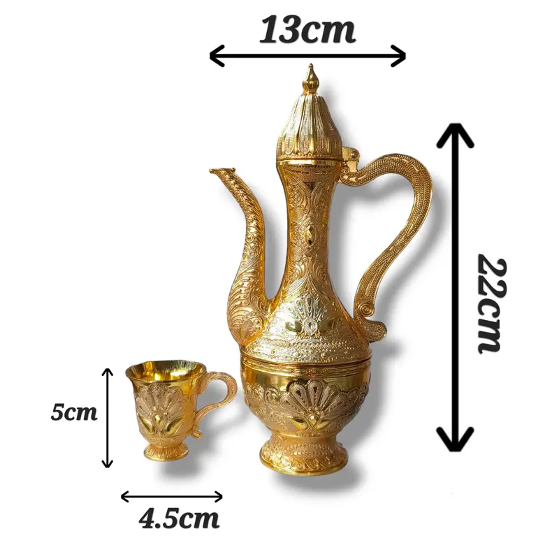 (1114-2) 8 Piece Gold ZamZam Water - Turkish Tea / Kawa / Coffee Set with Footed Tray In a Vintage Turkish / Middle Eastern Style - 1 Jug & 6 Cups 2