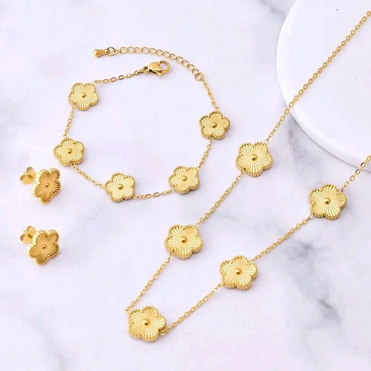 Gold Clover Set - Necklace, Bracelet, Studs - 4 Pieces