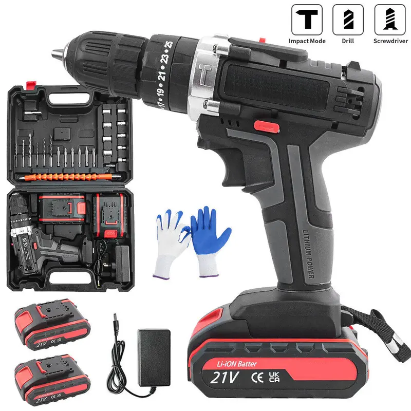 21V Cordless Combi Hammer Impact Drill Driver Electric Screwdriver Kit+2 Battery 8