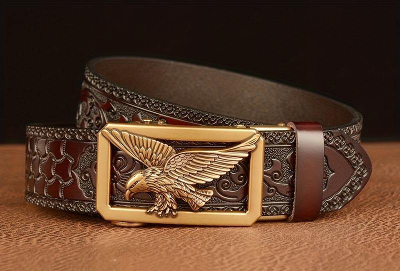 Product Introduction of 1PC Carved Cowhide Men's Autobuckle Belt, Vintage Style, Suitable for Casual & Business Wear, Great Gift for Husband and Father 5