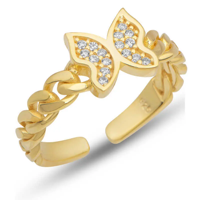 Sterling Silver Gold Plated Adjustable Butterfly Ring 925 Anniversary Auspicious Birthday Daily Engagement Wedding Casual