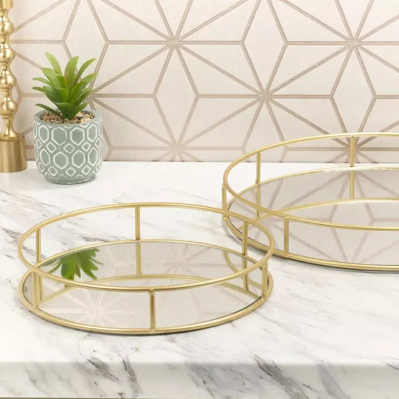 Set of 2 Metal Gold Decorative Mirror Trays Vanity Perfume Decor Candle Holders Freshener 4