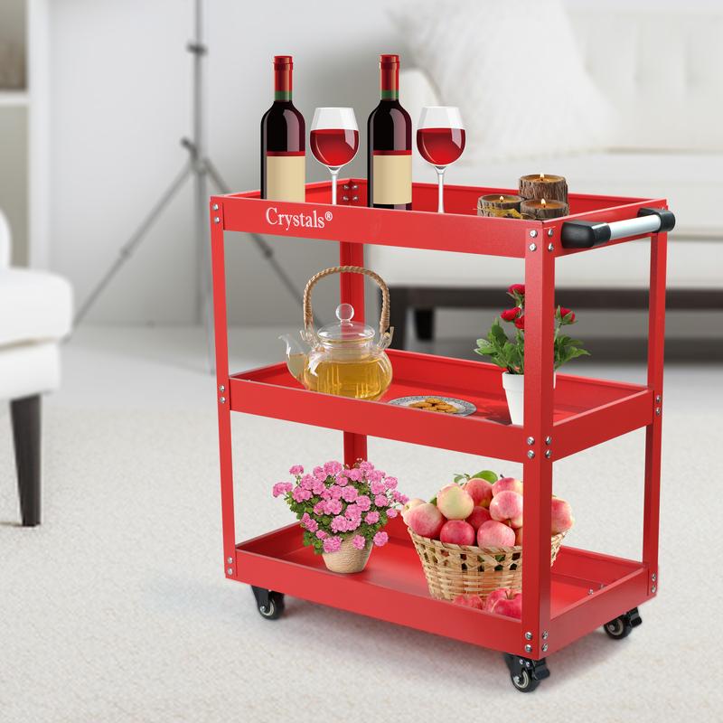 Crystals Heavy Duty Tool Trolley with 3-Tier Wheel Cart for Garage and Workshop Storage, DIY Red/Black 3
