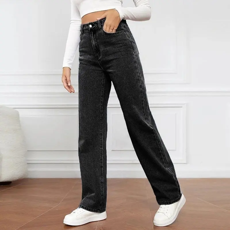 Women Jeans Straight Pants Denim Washing High Waist Loose Fit Pockets Basics Ankle Length Pants Solid Color Slight Strech 3