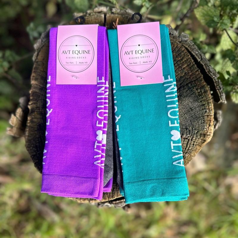 A V T Equine Horse Riding Socks in Purple for Women. 2 pairs in each pack also available in green, black and blue 1
