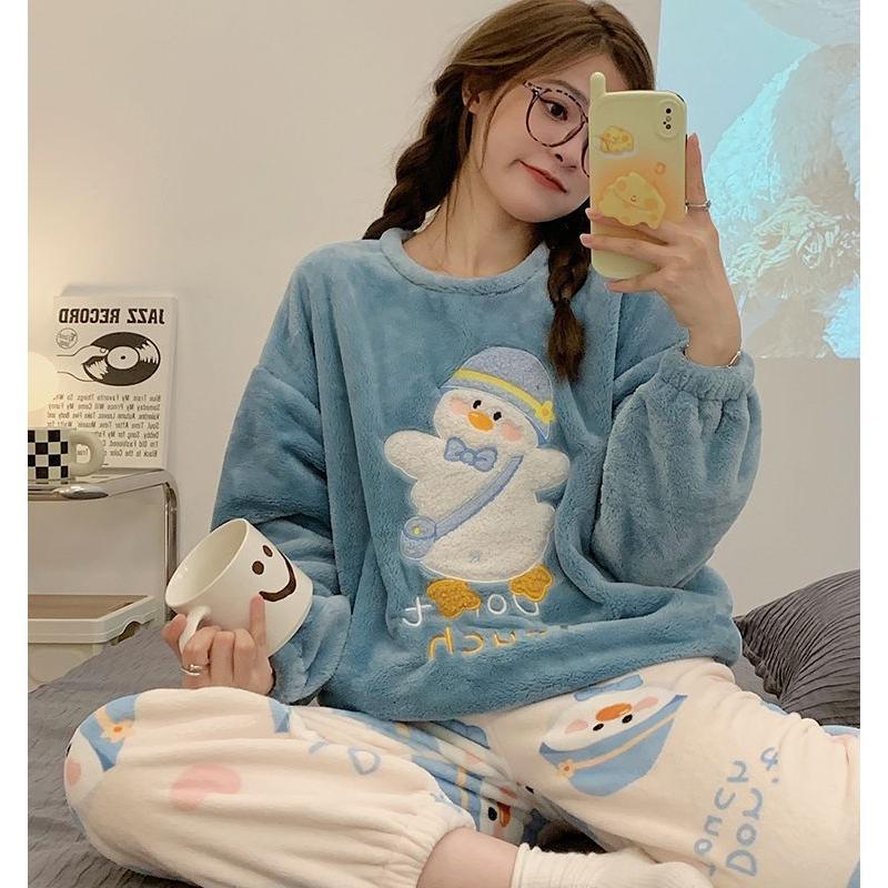 Autumn Winter Warm Flannel Women's Pajamas Set Long-sleeved Trousers Two-piece Set Cute Soft Home Wear Clothes for Women 5