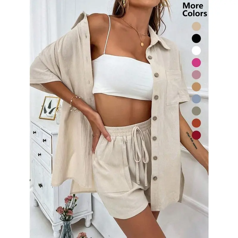 Two-Piece Set Womenswear Solid Button Front Shirt & Drawstring Waist Shorts Set, Comfort Short Sleeve Summer Tops & High Waist Shorts, Back To School Minimalist Co-ords, Ladies Summer Outfits 2025, Holiday Outfits 2024, Y2k Outfits Streetwear. Daily Wear