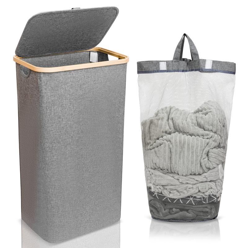 CRAXTER Large Laundry Basket with Lid – 110L Washing Basket for Laundry with Bamboo Handles and Removable Laundry Bag, Foldable Laundry Hamper for Dirty Clothes Slim Laundry Bin Storage Basket (Grey) Organiser 0