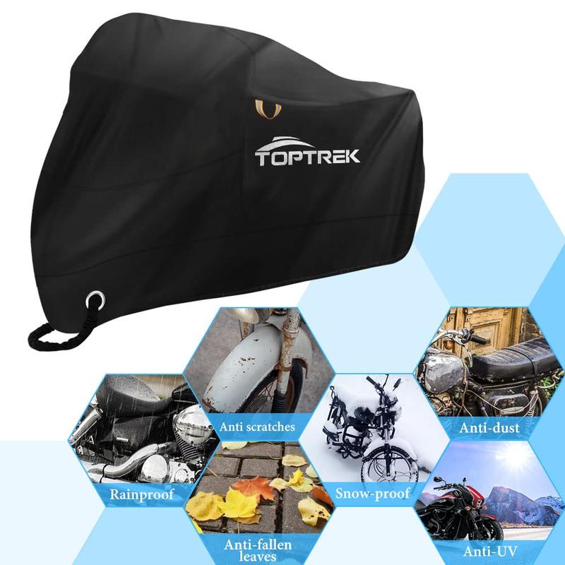 Toptrek Motorbike Cover, 210D Thicker Oxford Motorcycle Cover with Seamtaped, XXXL Large Waterproof Outdoor Moped Cover with Lock Holes, UV & Wind Resistant, Anti-Scratch, Black (104 * 41 * 52inch) 3