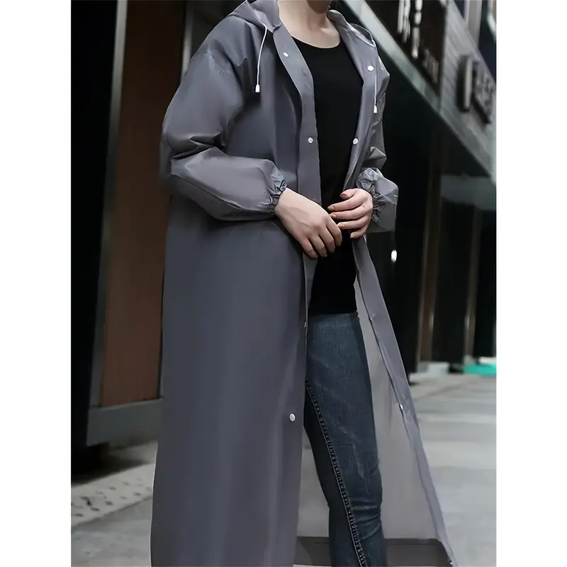 Unisex Solid Hooded Long EVA Raincoat With Long Sleeve And Button Up Placket, Waterproof And Versatile Jacket Suitable For Hiking And Outdoors Activities 3