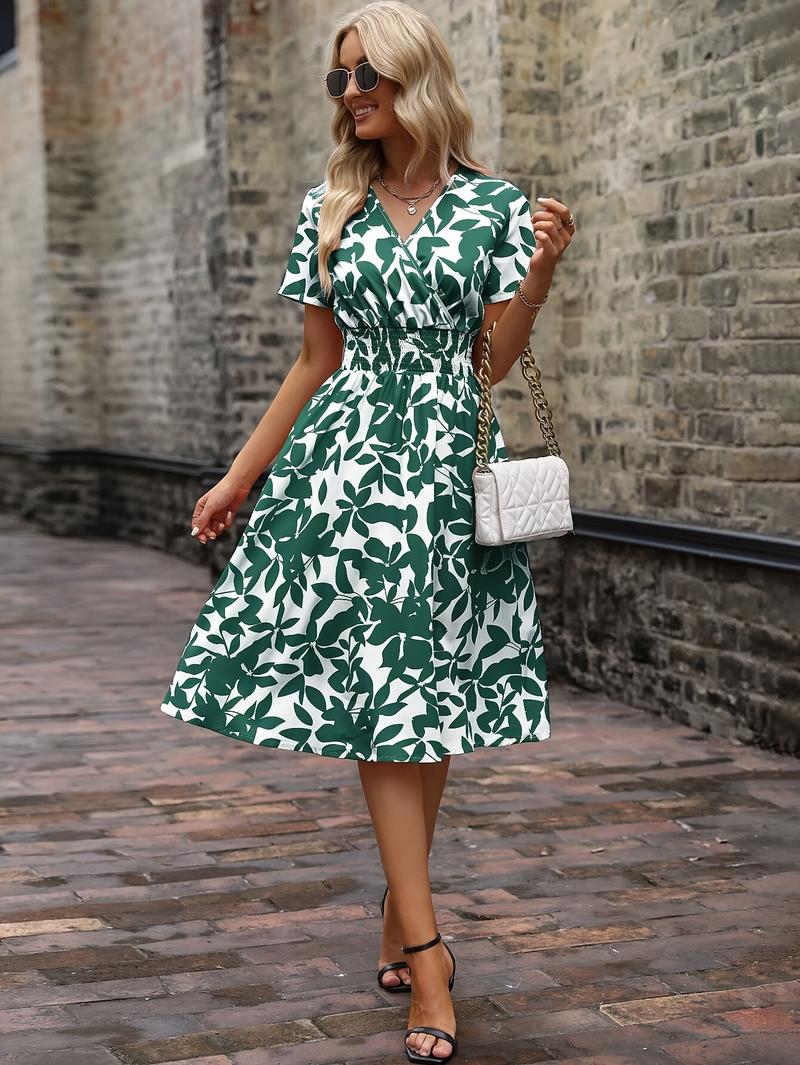 Product Introduction of Floral Wrap Neck Dress, Elegant Short Sleeve Dress For Spring & Summer, Women's Clothing 16