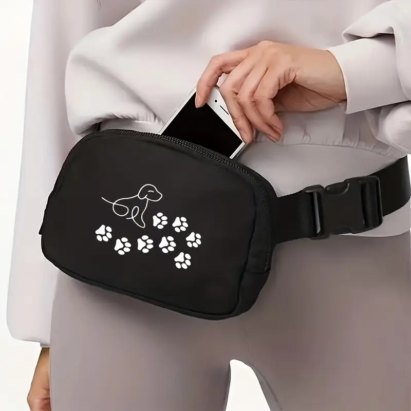 Black Fashionable Simple Versatile Line Art Paw Print Waist Bag, Multifunctional with Adjustable Shoulder Strap, Waterproof for Outdoor Sports, Casual Style, Lightweight Nylon with Polyester Lining, Hand Washable - Perfect for Going Out 1