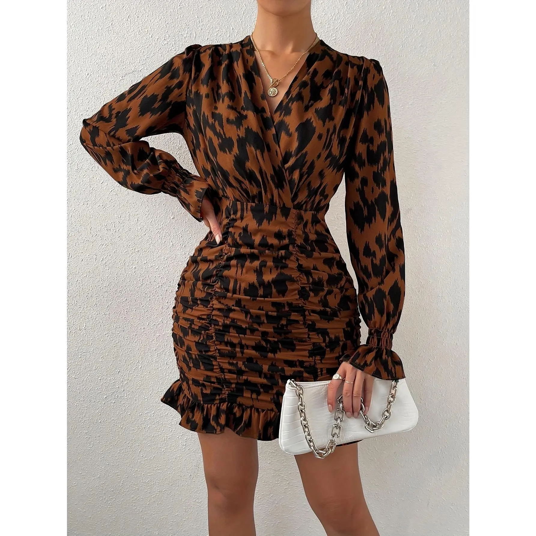Allover Print Bodycon Dress, Elegant Ruffle Hem Surplice Neck Ruched Long Sleeve Dress, Women's Clothing
