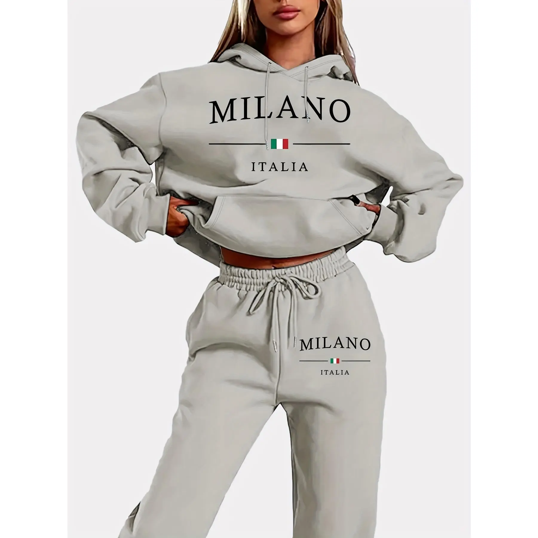 Long Sleeve Casual Letter Print Sporty Pantsuits & Jogger Sweatpants Outfits, Women's Clothing with Drawstring Hoodie