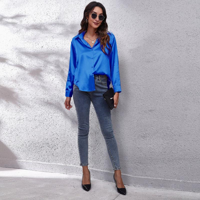 Product Introduction of Women's Satin Satin Imitation Silk Long Sleeved Shirt Elegant V-neck Retro Style Multicolor Shirt Top-Looki Ngi 5