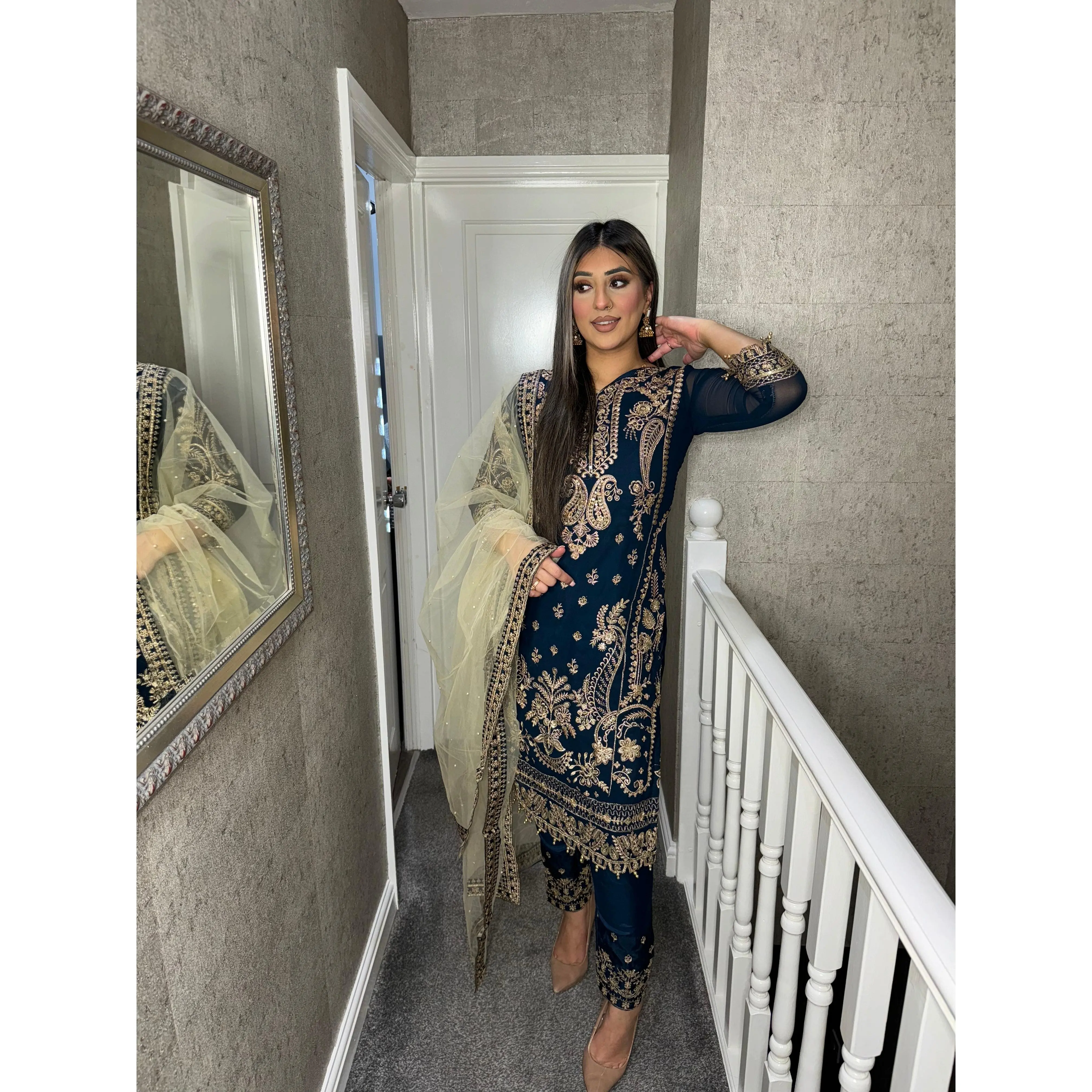 NAVY Embroidered Shalwar Kameez with Net duppatta fully stitched 3 piece suit with Net Dupatta MOB-5182B