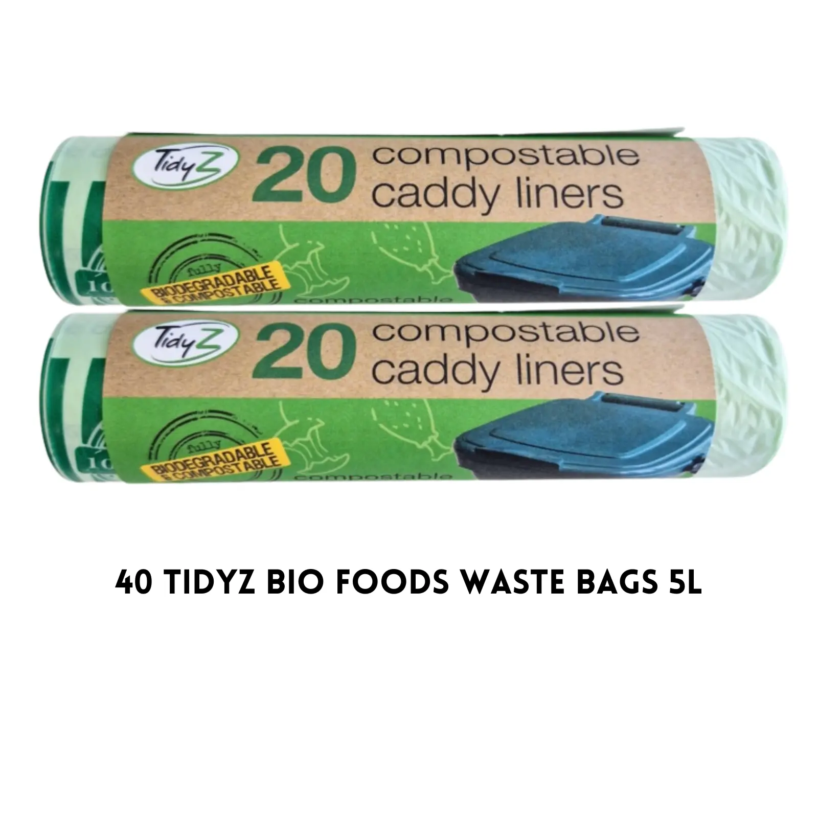 40 Tidyz Biodegradable Green Compostable Caddy Liners Foods 5L Waste Bags, Recycling Green Small Garbage Trash Bags