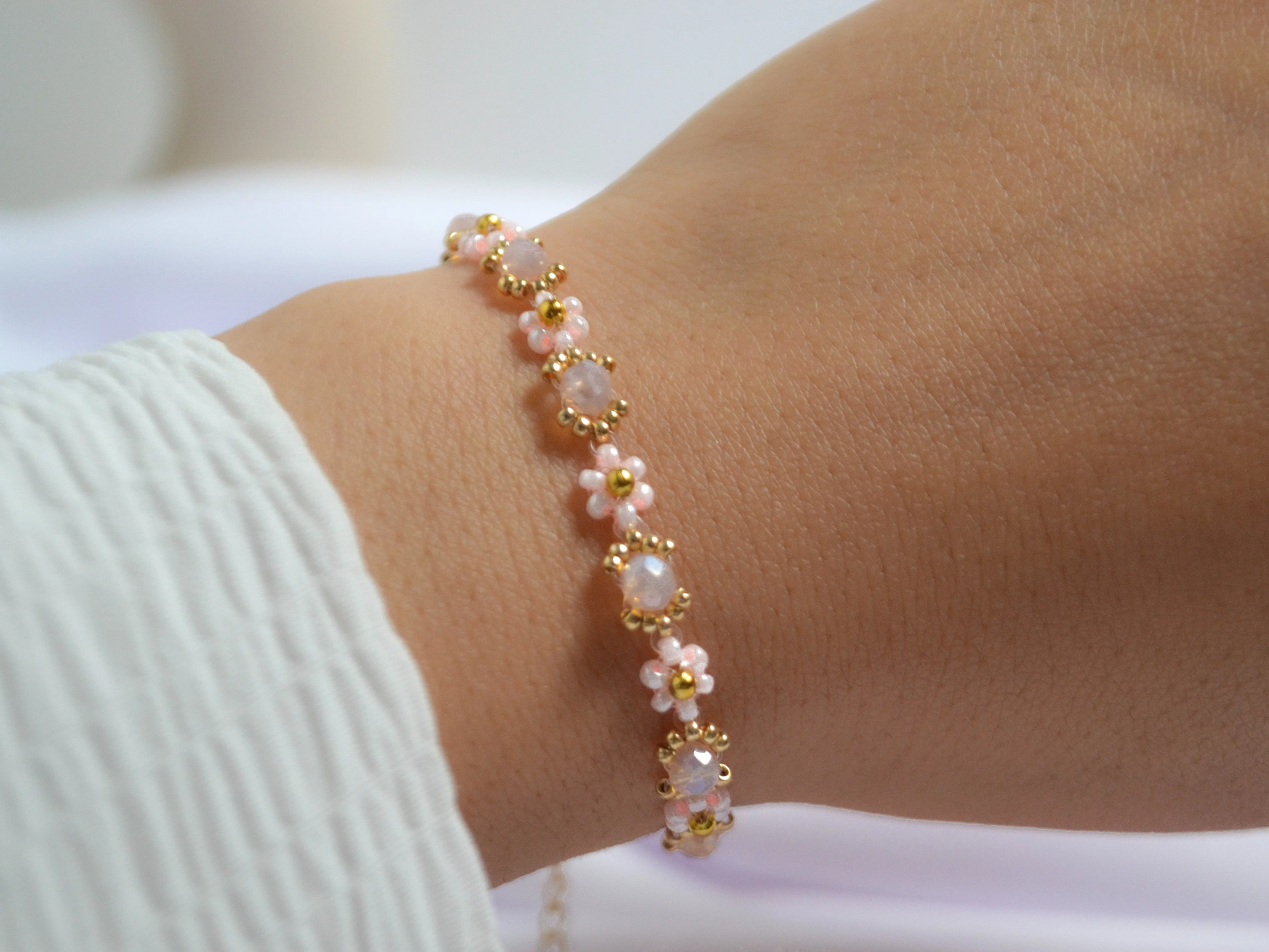 Aurora Blossom Bracelet, 18kt gold vacuum plated stainless steel, gold filled beads, Pink Handmade Beaded Flower Bracelet, Daisy Bracelet, 2mm Floral Bracelet, Dainty Flower Bracelet, Handmade Jewellery, Gift for Her, Birthday Gift, FREE GIFTS INCLUDED