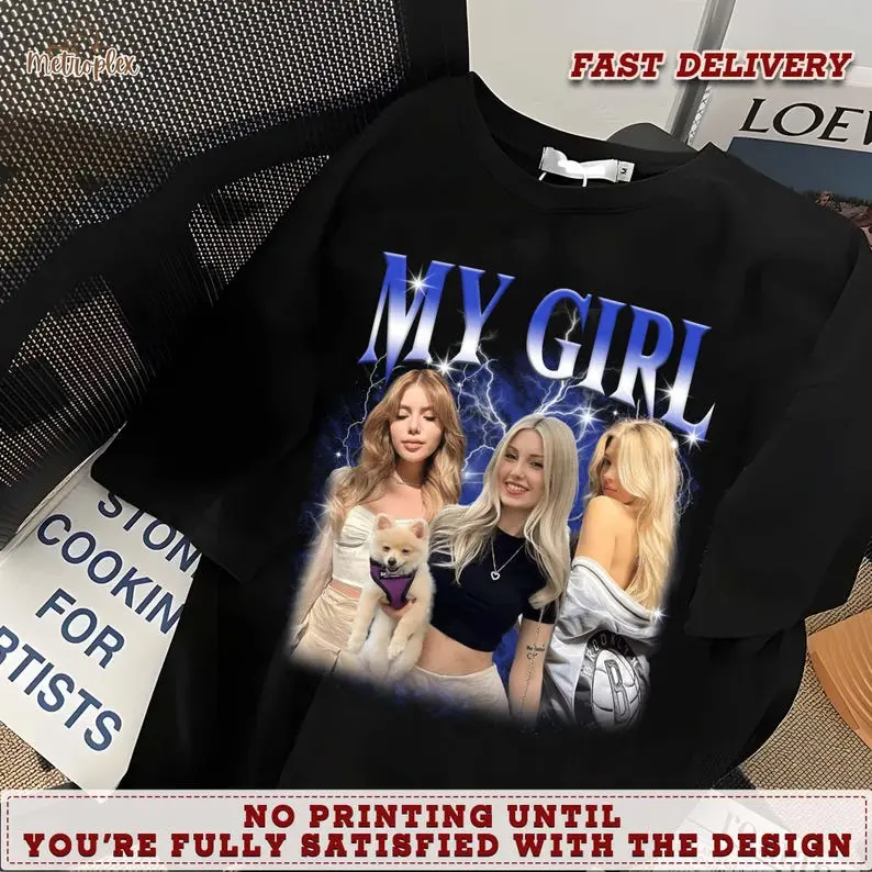 Custom Photo Girlfriend Boyfriend Face T-Shirt, 90s Retro Vintage Bootleg Shirt with Face, Personalized Pictures Tee for Couple 2