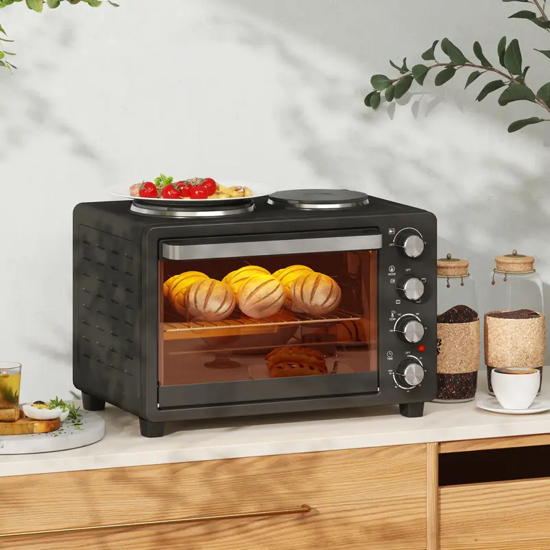 HOMCOM 28L Mini Oven with 2 Hot Plates, Countertop Toaster Oven, Grill, Roast, Bake, Boil, with Timer, Adjustable Temperature, Electric Oven with Baking Tray, Grill Rack, Crumb Tray, 2600W, Black 1
