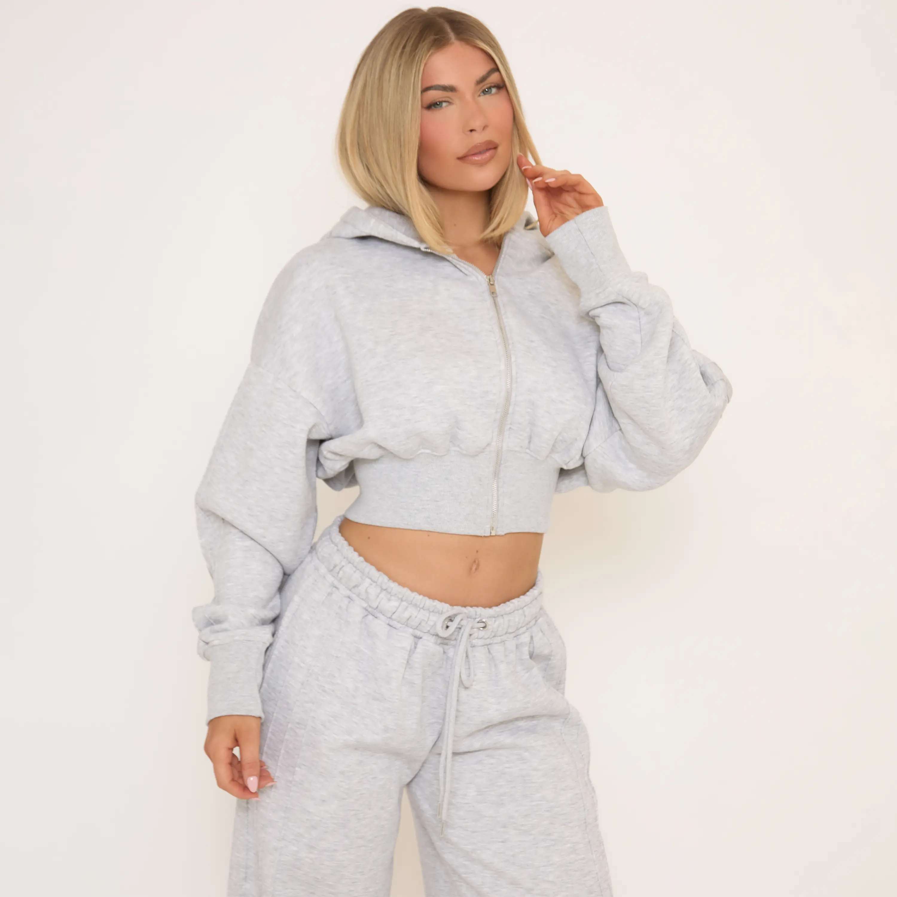 Long Sleeve Seam Detail Zip Up Front Cropped Hoodie