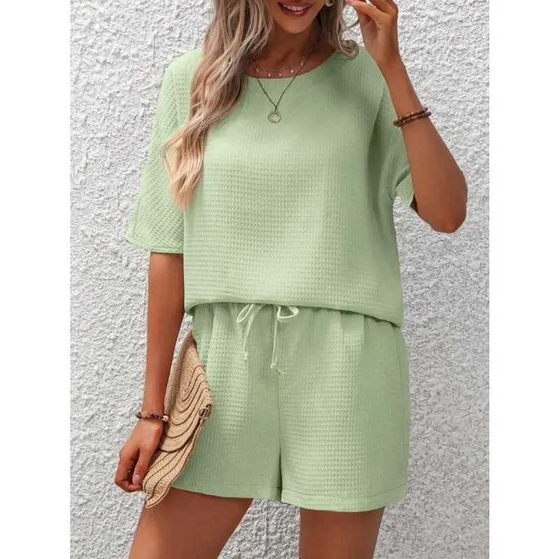 Two-piece Set Women's Plain Waffle Round Neck Oversized T Shirt & Shorts Set, Classy Two Piece Sets, Casual Batwing Sleeve Tops That Hide Stomach & Drawstring Waist Shorts, Two Piece Set, Two Piece Set Women Clothes Womenswear 4