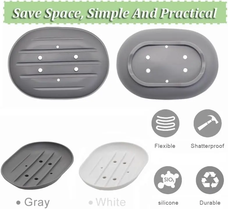 2PCS Silicone Soap Dish, Anti-Slip Soap Holder Flexible, Non-slip and Portable Shower Soap Box, Self Draining Shower Soap Dish for Shower, Bathroom, Kitchen Sponges, Easy Cleaning 6