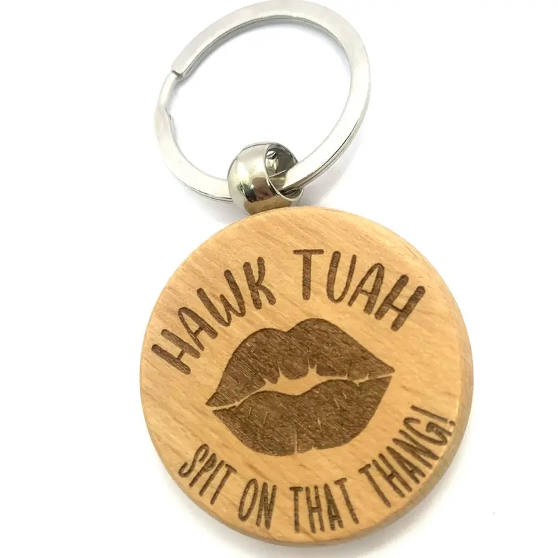 Hawk Tuah Funny Meme Keyring Gift Engraved Wood Boyfriend Girlfriend Friend 0