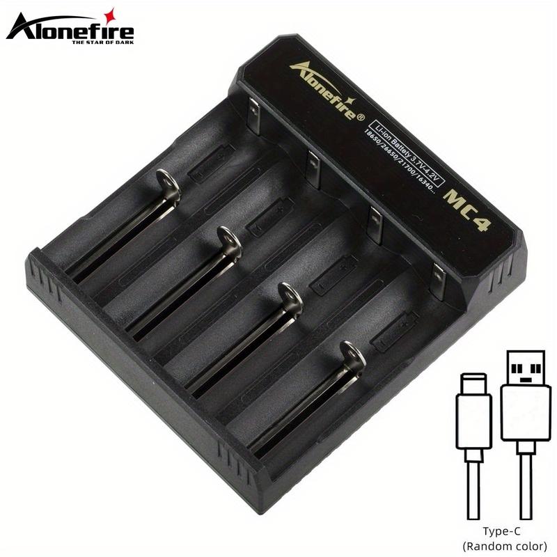 Alonefire MC4 Compact 4-Channel USB Quick Charger, 5V 2A - Matte Black, Automatic Stop for Li-ion Batteries (26650/16340/14500/21700/18650/10440) - Perfect for Flashlights, Headlamps, E-cigs with Type-C & Micro-USB Compatibility 2