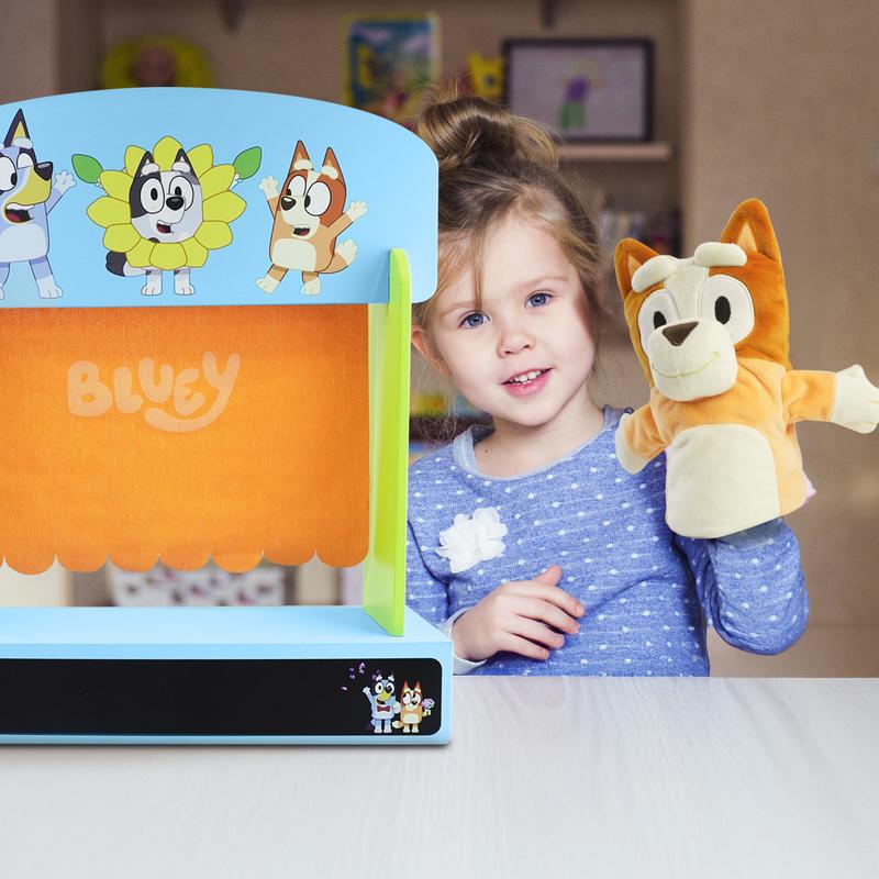 Bluey Wooden Puppet Theater Playset - FSC-Certified Wood, Includes 2 Hand Puppets, Chalk & Curtain, Eco-Friendly Toy for Kids 3+, Compact & Easy to Store, Inspires Imagination & Storytelling 5