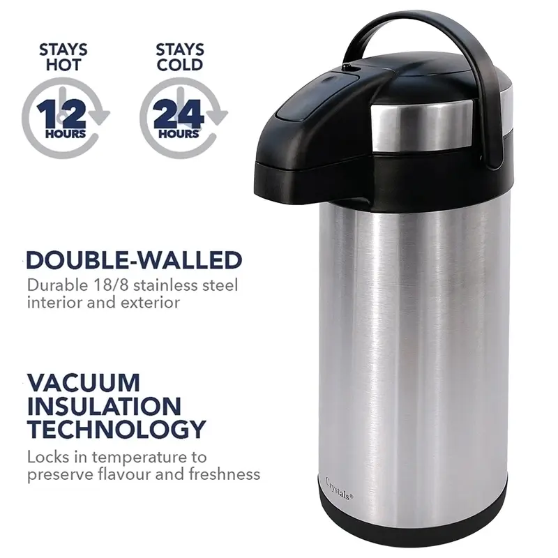 2X 5L Air Pot Tea Flask Pump Action Vacuum Insulated Safety Lock Carry Handle Drinkware Stainless 3