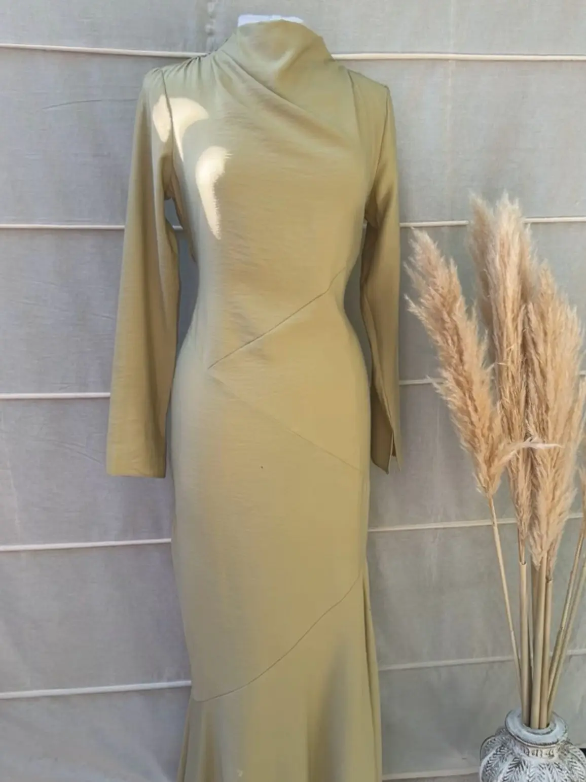 Olive High Neck Fishtail Hem Long Sleeve Drape Maxi Dress Occasion Modest Womenswear