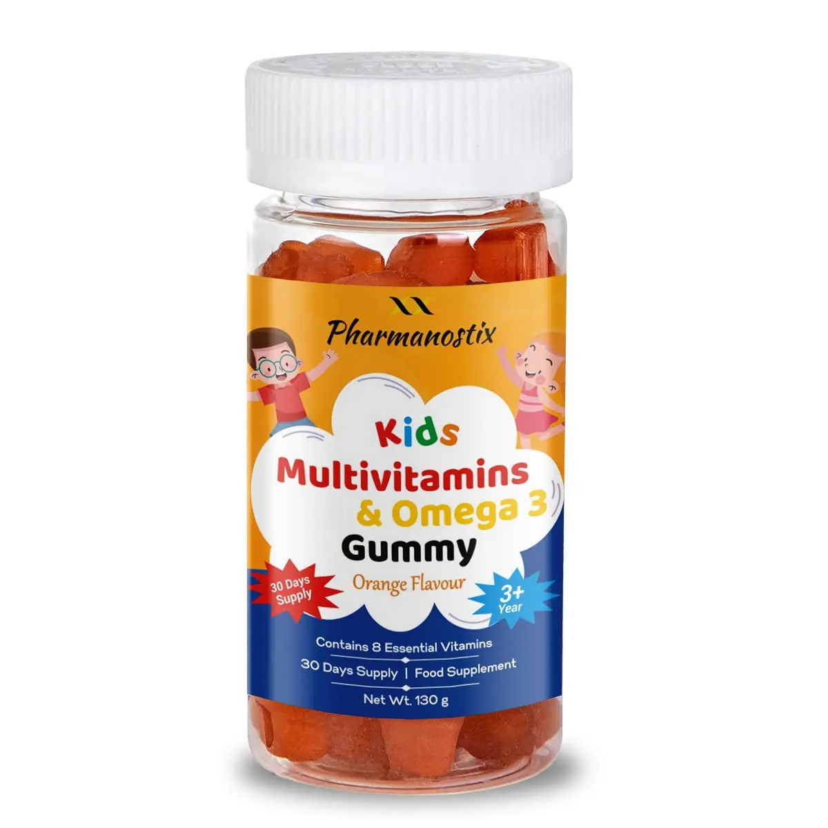 Chewable Multivitamin & Omega3 Bear Gummies for Kids - Children's Orange Flavour - 30 Count- Age 3 Upward- Omega 3 Supplement, with Vitamin C, A, B, D & Vitamin E.
