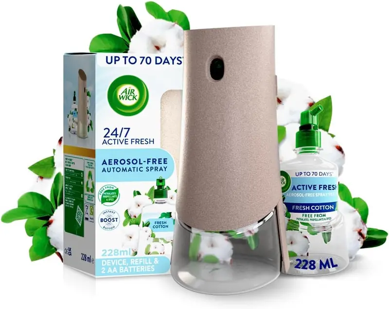 Air Wick Aerosol-Free Automatic Air Freshener Spray Kit, Fresh Cotton, 1 gadget & 1 Refill (228ml), 24x7 Active Fresh Odour Neutraliser, Lasts Up to 70 Days, Air freshener For Home Kitchen Scent Flowers Fragrance Aroma Cleaner Set Scented Perfume 0