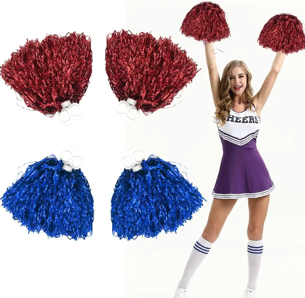 4 Pack Cheerleader Pom Poms Metallic Foil Pompoms Hand Flowers Cheerleader Pompoms with Plastic Handle for Children Adults Sports Competition Stadium Party Holiday Celebration (Blue, Red)