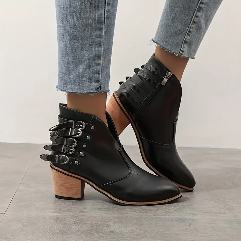 Women's PU Ankle Boots - 5 Buckle Straps, Round Toe, Block Heel, Soft Flannel Lining, Rubber Sole, Zipper Closure 2