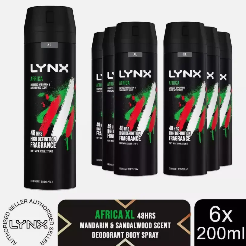 Lynx XL Africa Body Spray 48H Fresh Mandarin & Sandalwood Scent Deo, 6x200ml
