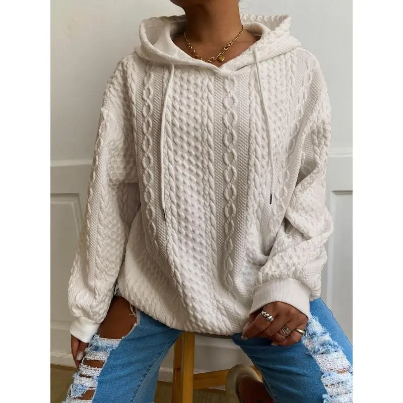 Plus Size Casual Hoodie, Women's Plus Solid Ribbed Long Sleeve Slight Stretch Hoodie Drawstring Sweatshirt Womenswear Tops Comfort Pullover Basic Minimalist 1