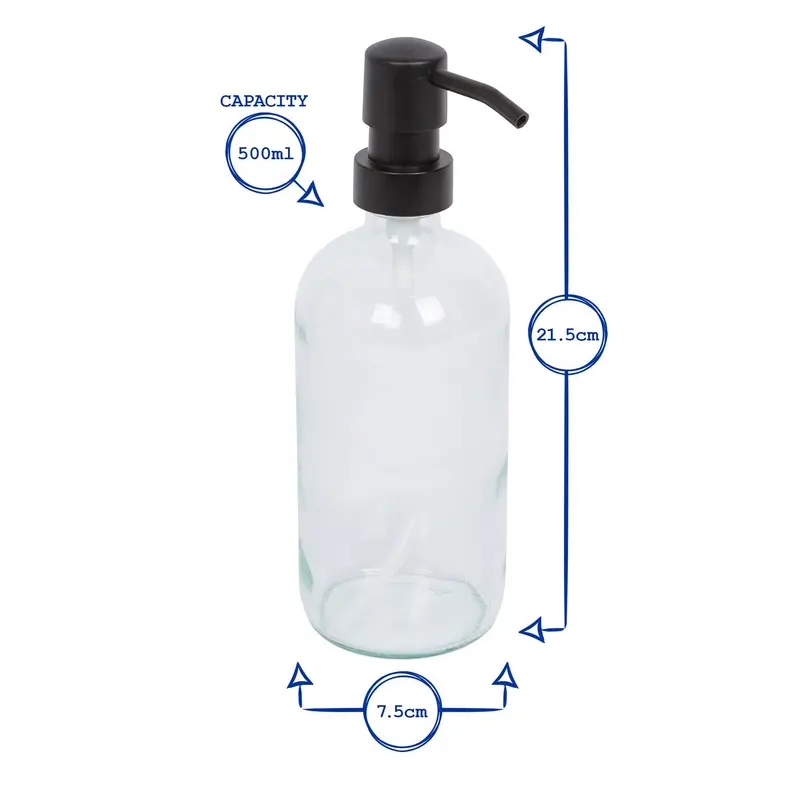 Harbour Housewares Glass Soap Dispensers with Labels - 500ml - Black - Pack of 8 2