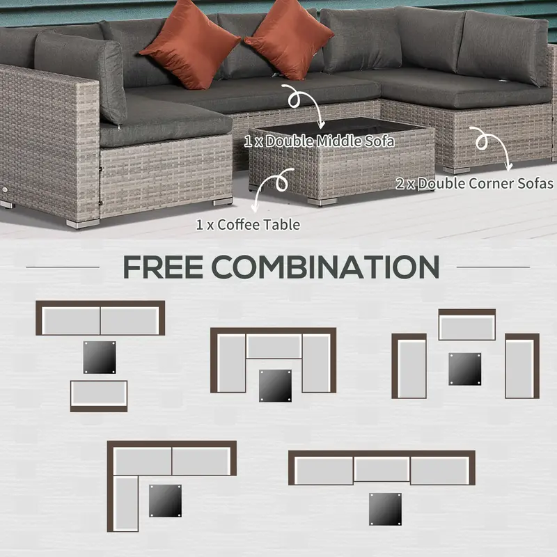 6-Seater Garden Rattan Furniture PE Rattan Sofa Set, Outdoor All Weather Conservatory Furniture, w/ Tempered Glass Coffee Table, Deep Grey 6