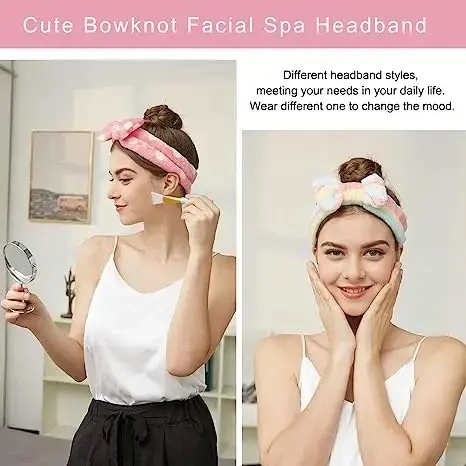 Premium 2 Pieces Spa Facial Headband for Makeup and Washing Face Women Spa Yoga Sports Shower Facial Head Band Elastic Head Wrap for Girls and Women 4