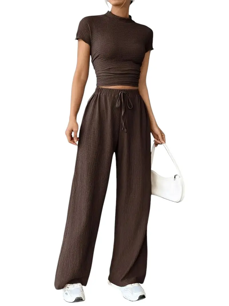 2-Piece Women's Casual Loungewear Set in Dark Brown – Short Sleeve Top & Pants | Spring/Summer Outfit two