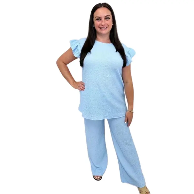 Women's Loungwear Ladies Pop Corn Fabric Frill Sleeve Top Trousers 2Pcs Co Ord UK Size 8-22 Loungewear Pajama Womenswear Nightwear Comfortable Pyjamas 5