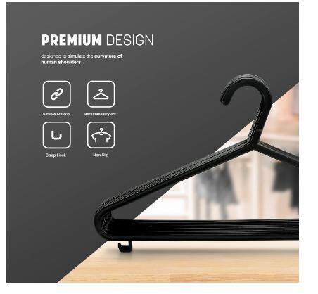 Adult Plastic Coat Hangers - 25pk, Black Colour, Strong Clothes Hangers for Clothes Rail & Closet, Clothing Hanger with Suit Pants Trouser Bar and Clips, Space Saving, 37.5 cm Wide 2