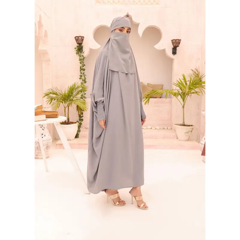 ASL-208 Haya - Grey 1 Piece Jilbab Prayer Set with Elasticated Cuff 1