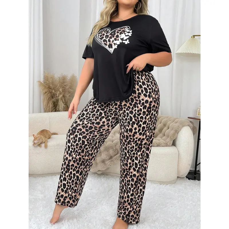 Plus Size Leopard, Butterfly & Heart Print Short Sleeve Pajama Set 4