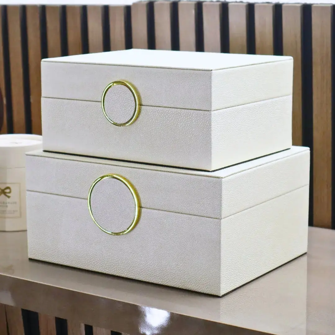 White Faux Litchi with Gold Ring Handle Jewellery Boxes (Set of 2)