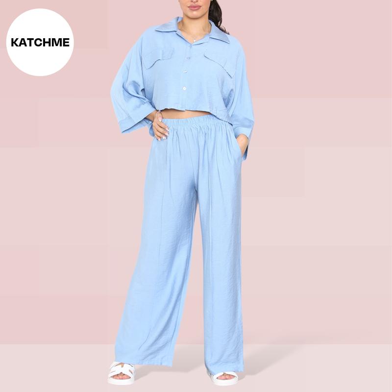 KatchMe Women's Versatile Long Sleeve Button Crop Top & Elastic Waist Pocket Trousers Co-ord,Lady Two-Piece Outfit for Womenswear,Plain Co-ord Set 1