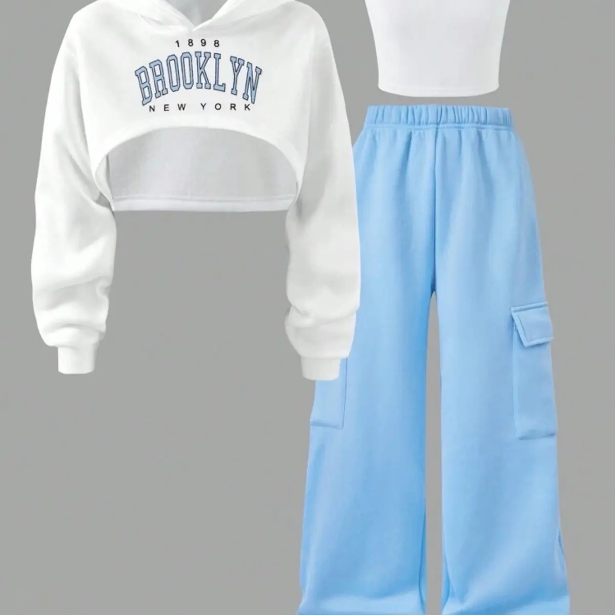 Streecool Kids Tween Girls 3Pcs Set Thermal Lined Knit Top With Letter Print, Camisole And Cargo Pants - Autumn/Winter 2 piece